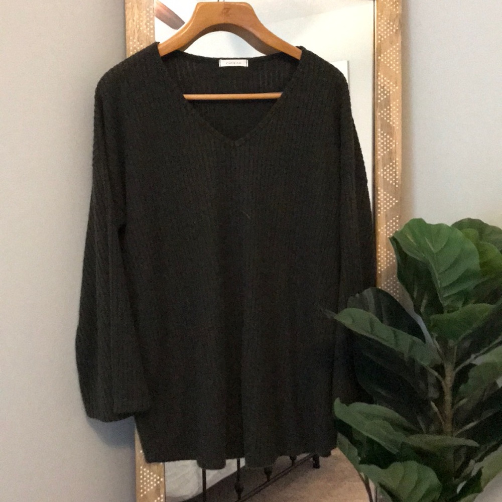 Soft Olive Green Bell Sleeve VNeck Sweater